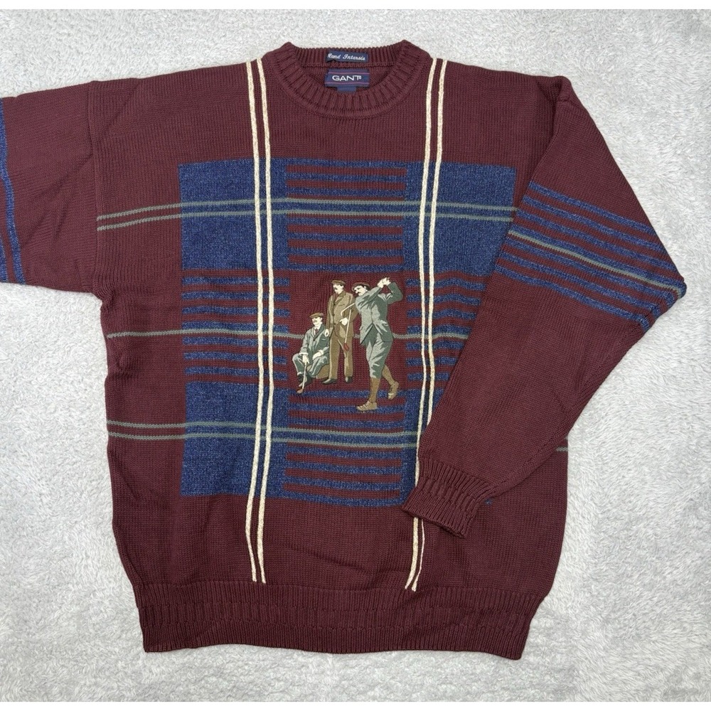 Vtg 90s Gant Sweater Mens Sz XL‎ Pullover Golf Geometric Embroidered Grandpa